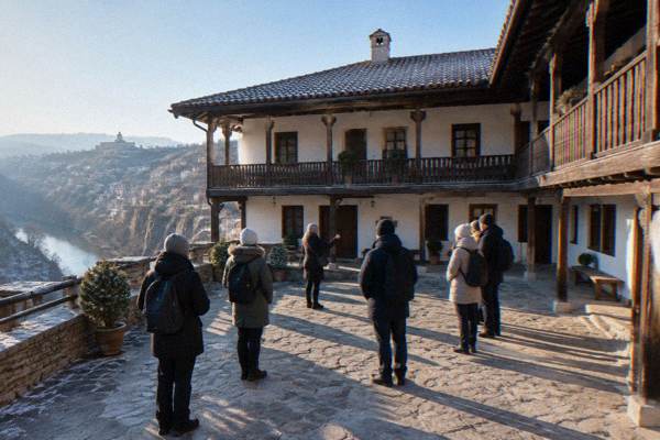 A guide and visitors standing in the paved courtyard of an old two-storey inn with wooden galleries, early in the day, Hadzhi Nikoli Inn