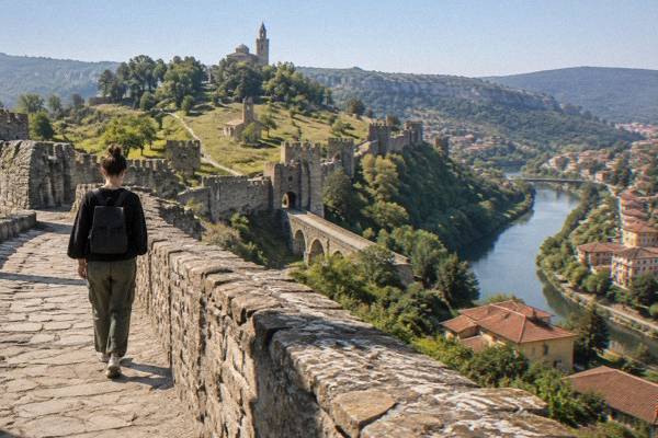 A lone visitor with earphones in, walking slowly along the high stone walls of a hilltop fortress, Tsarevets Fortress