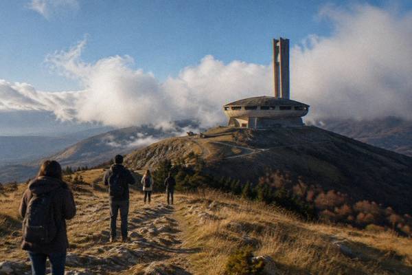 Visitors on a bare mountain ridge looking at a huge abandoned concrete saucer-shaped building under moving clouds, Buzludzha