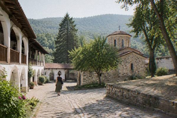 A lone visitor walking the cobbled yard of a walled monastery on a forested hillside, Preobrazhenski Monastery
