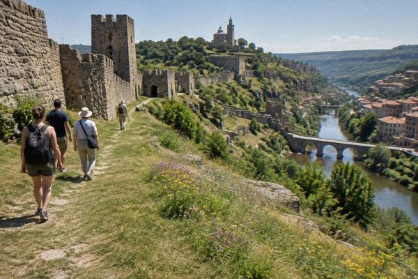 A small group of day visitors walking the grass path beside the high stone walls and towers of a hilltop fortress, a guide ahead, Tsarevets Fortress
