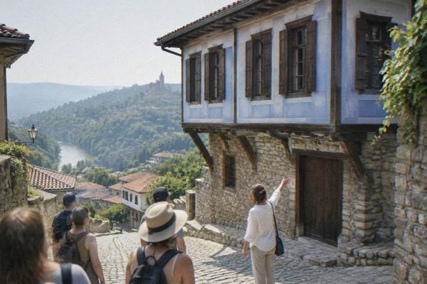 A guide describing a painted upper floor on timber brackets to visitors on a steep cobbled street, Sarafkina House