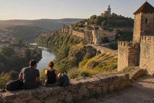 Visitors resting on a low stone wall at the foot of fortress towers, backpacks beside them, the river loop far below, Tsarevets Fortress
