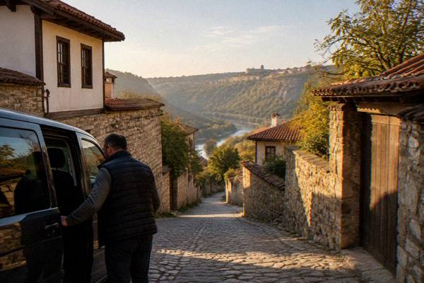 A driver-guide opening the door of a minivan on a quiet village lane lined with tall stone walls, early in the day, Arbanasi