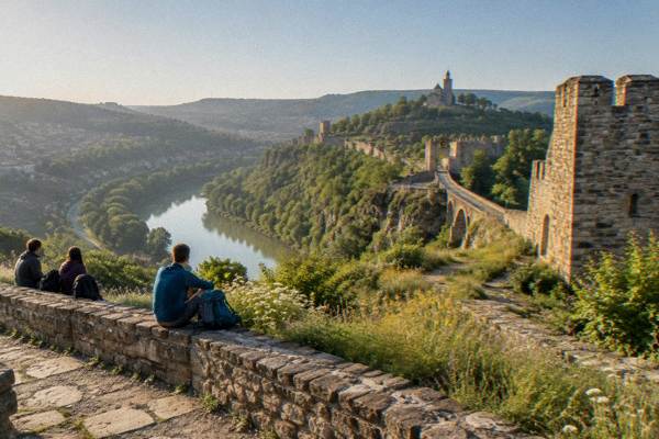 Visitors resting on a low stone wall at the foot of fortress towers, backpacks beside them, the river loop far below, early in the day, Tsarevets Fortress