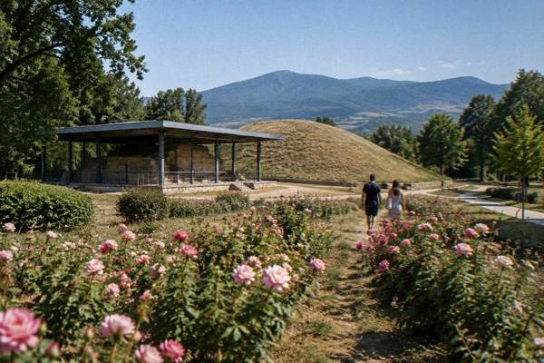 A couple walking between rows of pink rose bushes in a flat valley field with mountains beyond, Kazanlak Thracian Tomb
