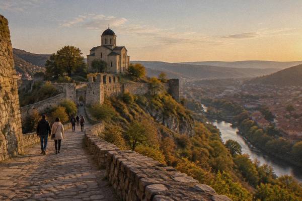 Visitors on a stone path approaching a hilltop cathedral with a dark dome inside fortress walls, seen from a distance, Patriarchal Cathedral of the Holy Ascension