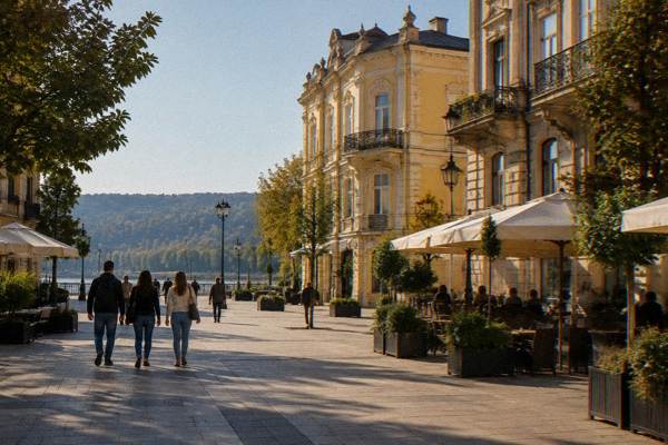 A small group strolling a broad pedestrian square lined with ornate late nineteenth-century buildings, early in the day, Ruse
