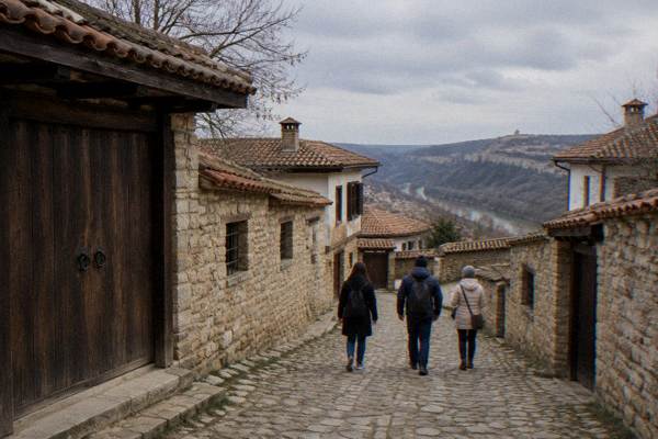 Two visitors and a guide walking a cobbled lane between high stone walls and heavy wooden gates in a hilltop village, Arbanasi