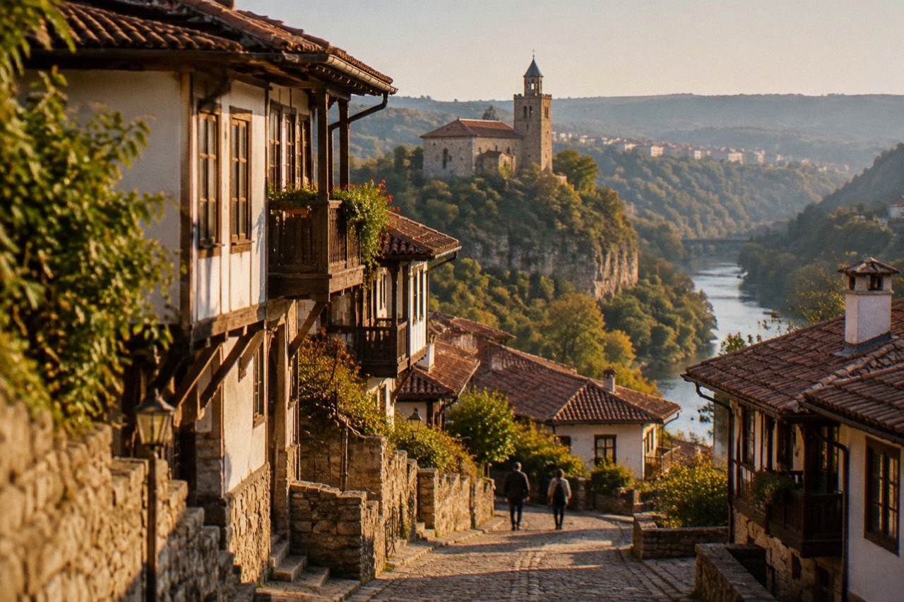 A stone church with a bell tower and red tiled roof standing above the old rooftops of a Bulgarian hill town