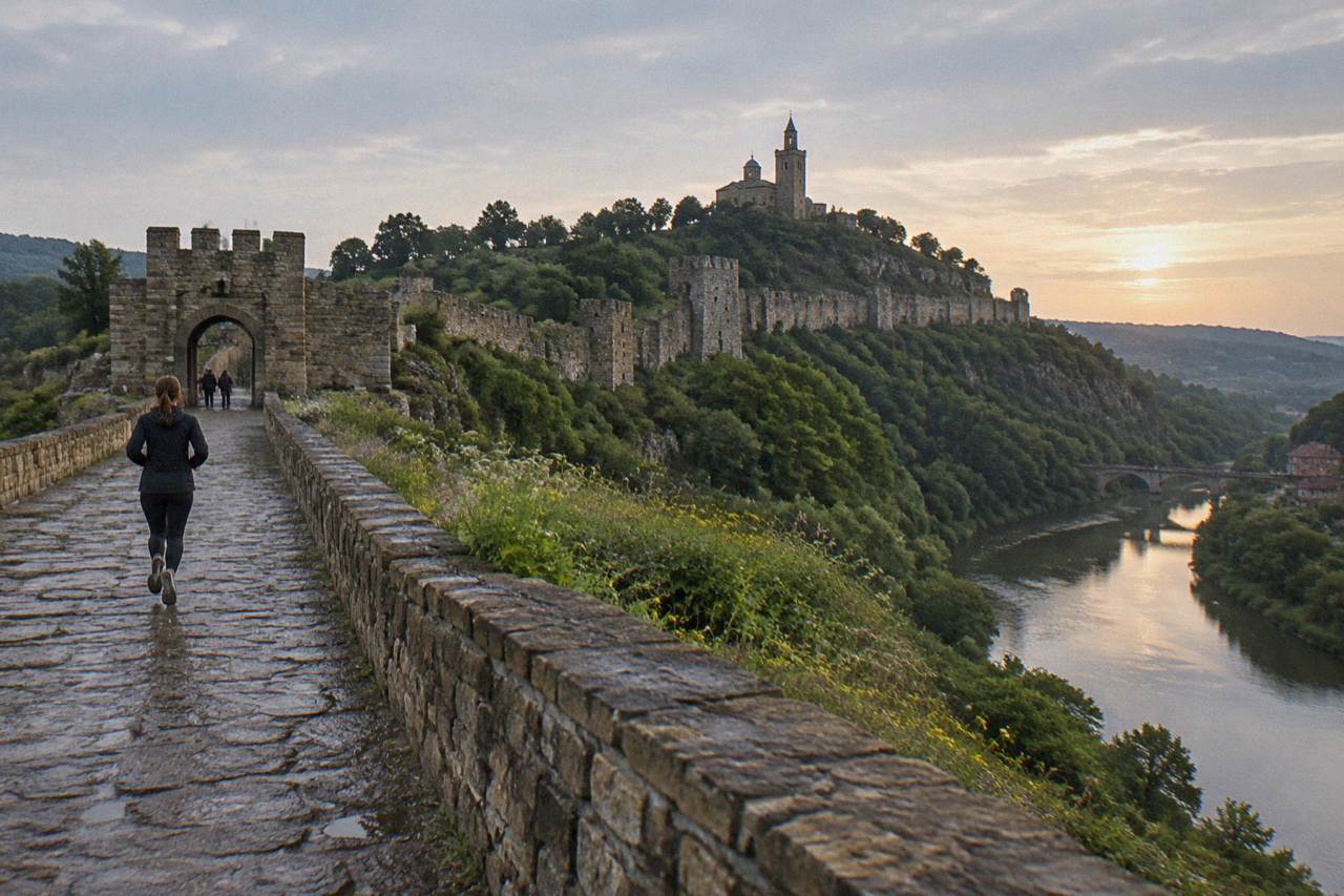 Tsarevets Fortress hill above the Yantra river at dusk, with the walled ridge and the cathedral silhouette lit softly against the sky.