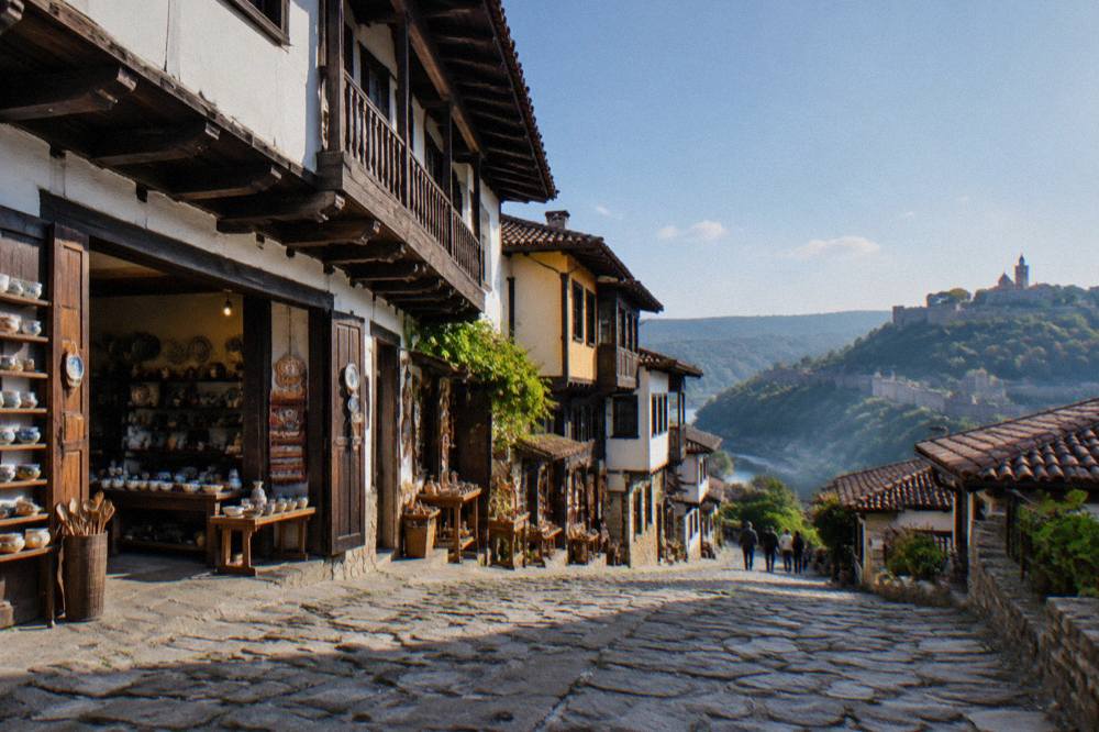 A cobbled street of Samovodska Charshiya lined with small craft workshops and period houses on a bright morning.