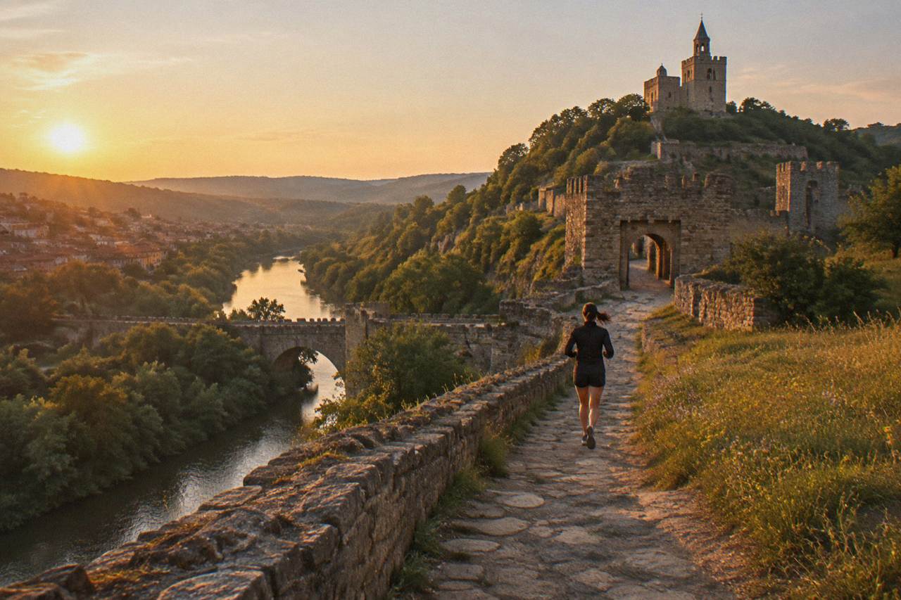 The walled hill of Tsarevets Fortress rising above the Yantra river at dusk