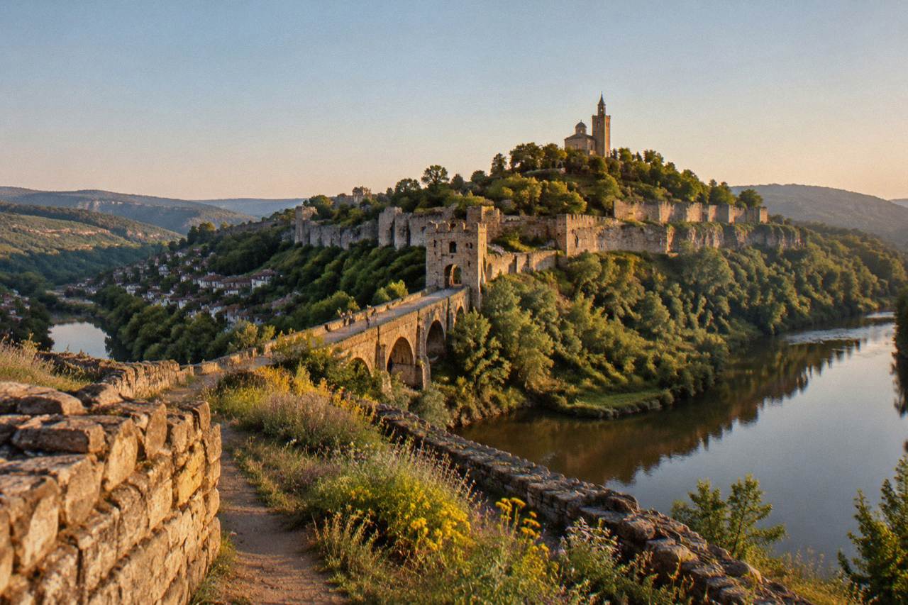 Medieval stone fortress walls on a hill above a river town at golden hour