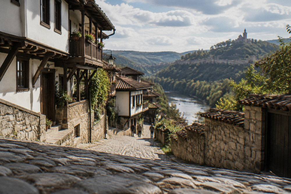 Cobblestone street lined with traditional revival-era houses in an old town