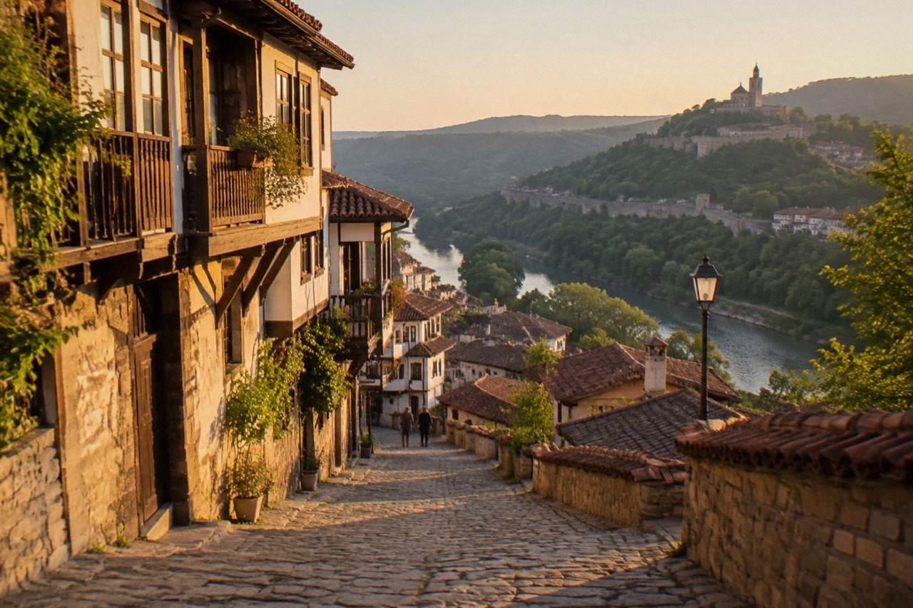 The old town rooftops of Veliko Tarnovo sloping down toward the Yantra river gorge