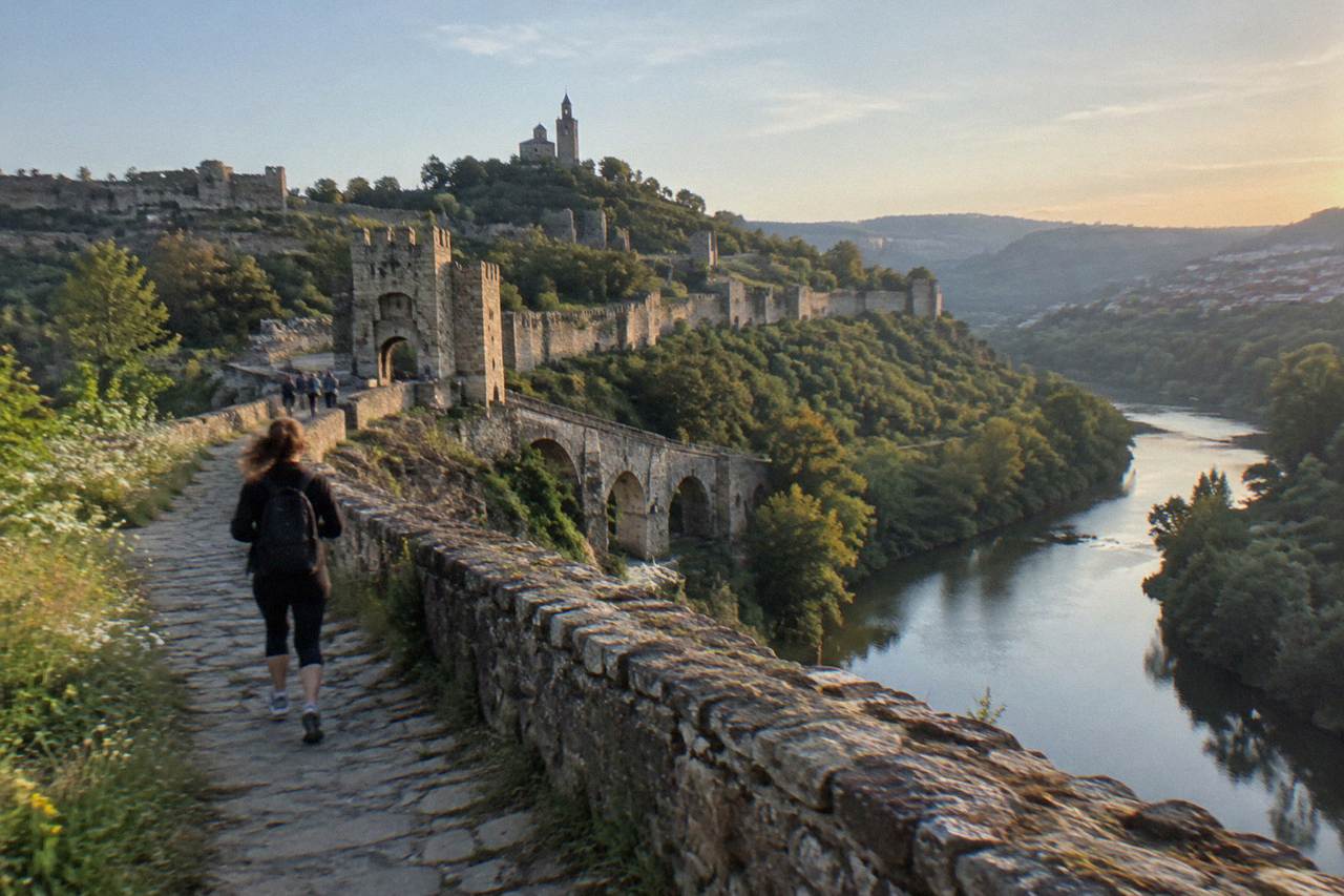 Tsarevets Fortress walls rising above the Yantra river in Veliko Tarnovo at dusk