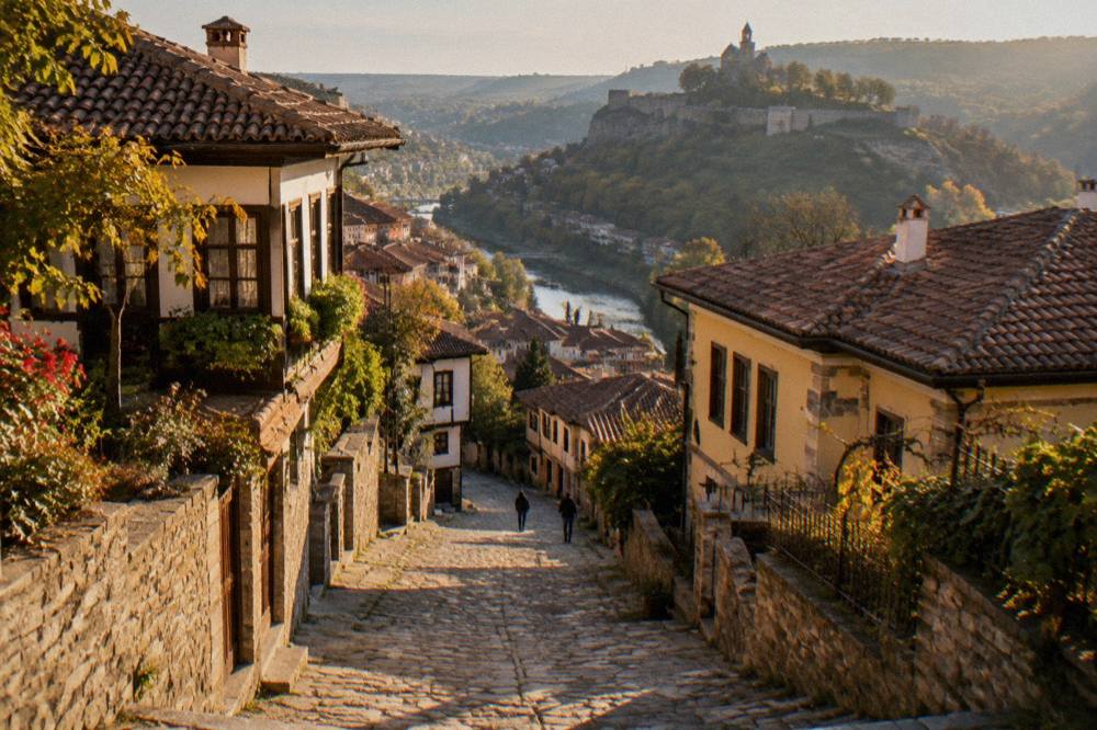 Cobbled lane with revival-era houses in the Varosha quarter of Veliko Tarnovo