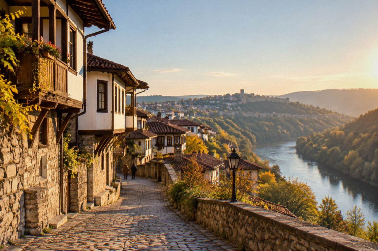 Houses stacked on a hillside above the Yantra river in Veliko Tarnovo