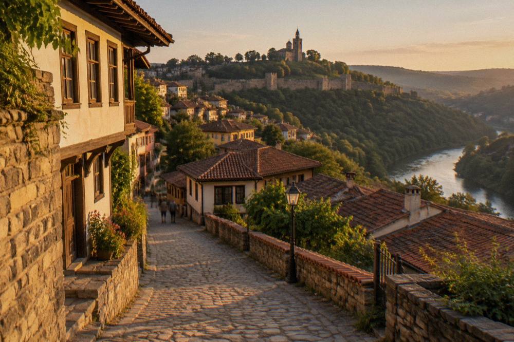 A cobblestone street with traditional houses in the Varosha quarter of Veliko Tarnovo