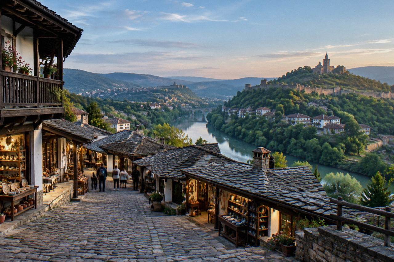 View over the rooftops and river bend of a historic Bulgarian town with a fortress hill in the background