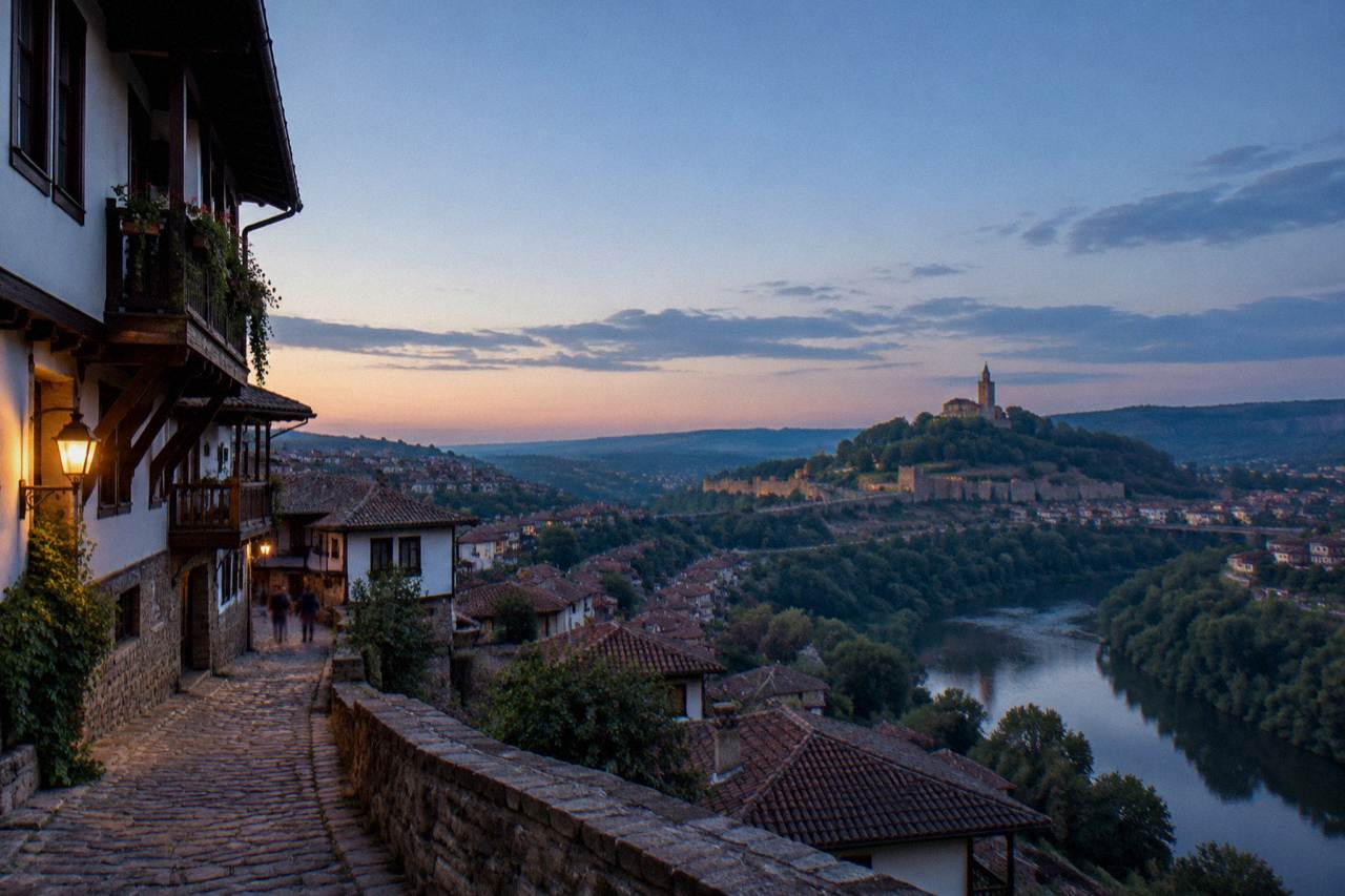 Evening view over the rooftops and fortress hill of Veliko Tarnovo above the Yantra river