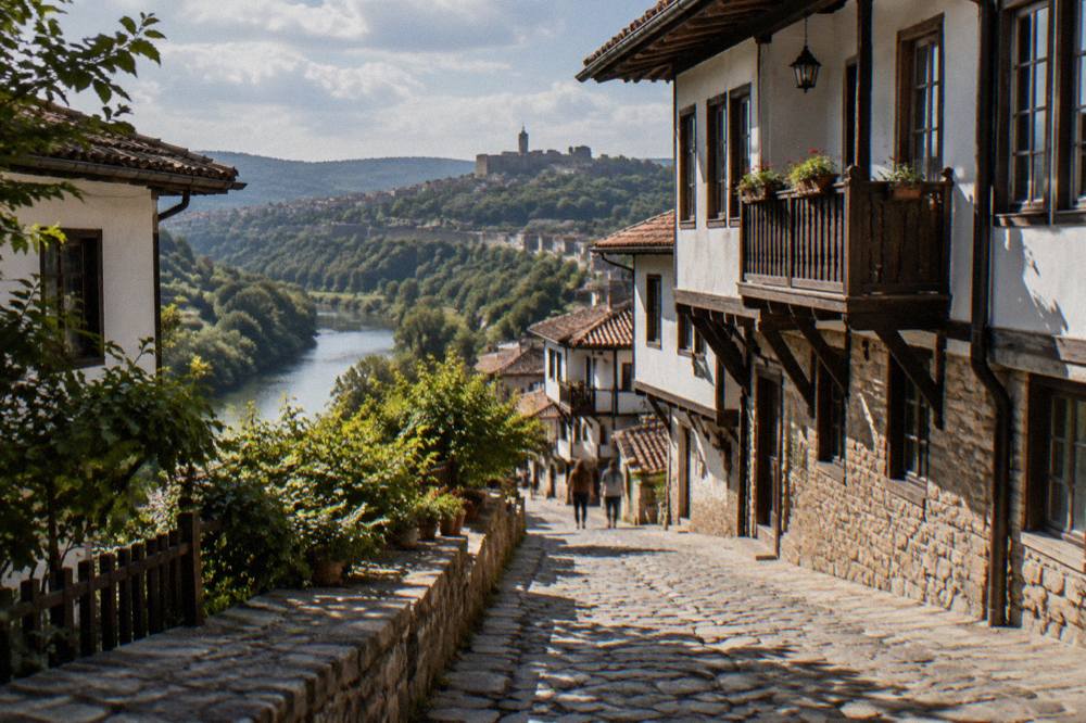 A cobbled street with traditional houses on a steep slope in the old town of Veliko Tarnovo