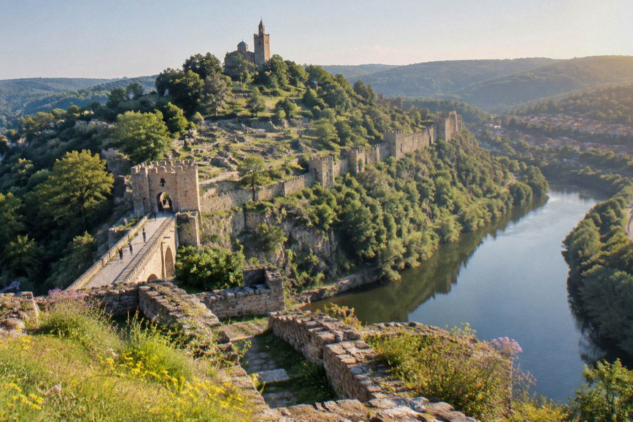 Tsarevets Fortress hill rising above the Yantra river at dusk in Veliko Tarnovo