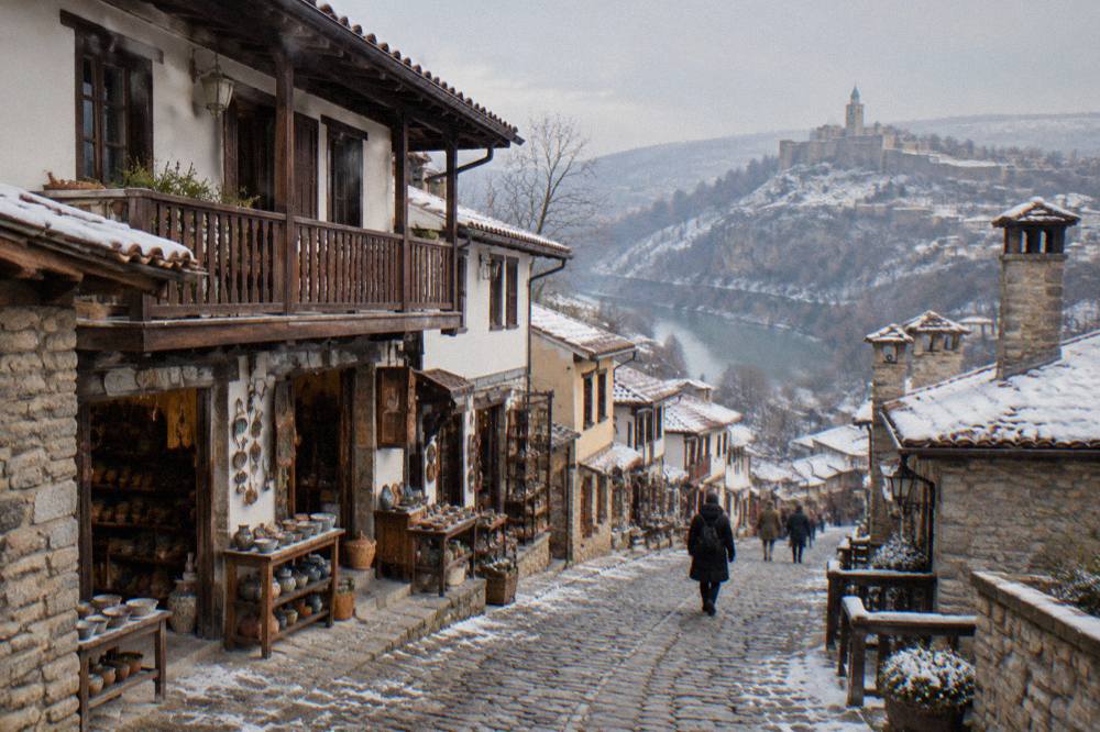 Stone buildings along Samovodska Charshiya street in the old quarter of Veliko Tarnovo