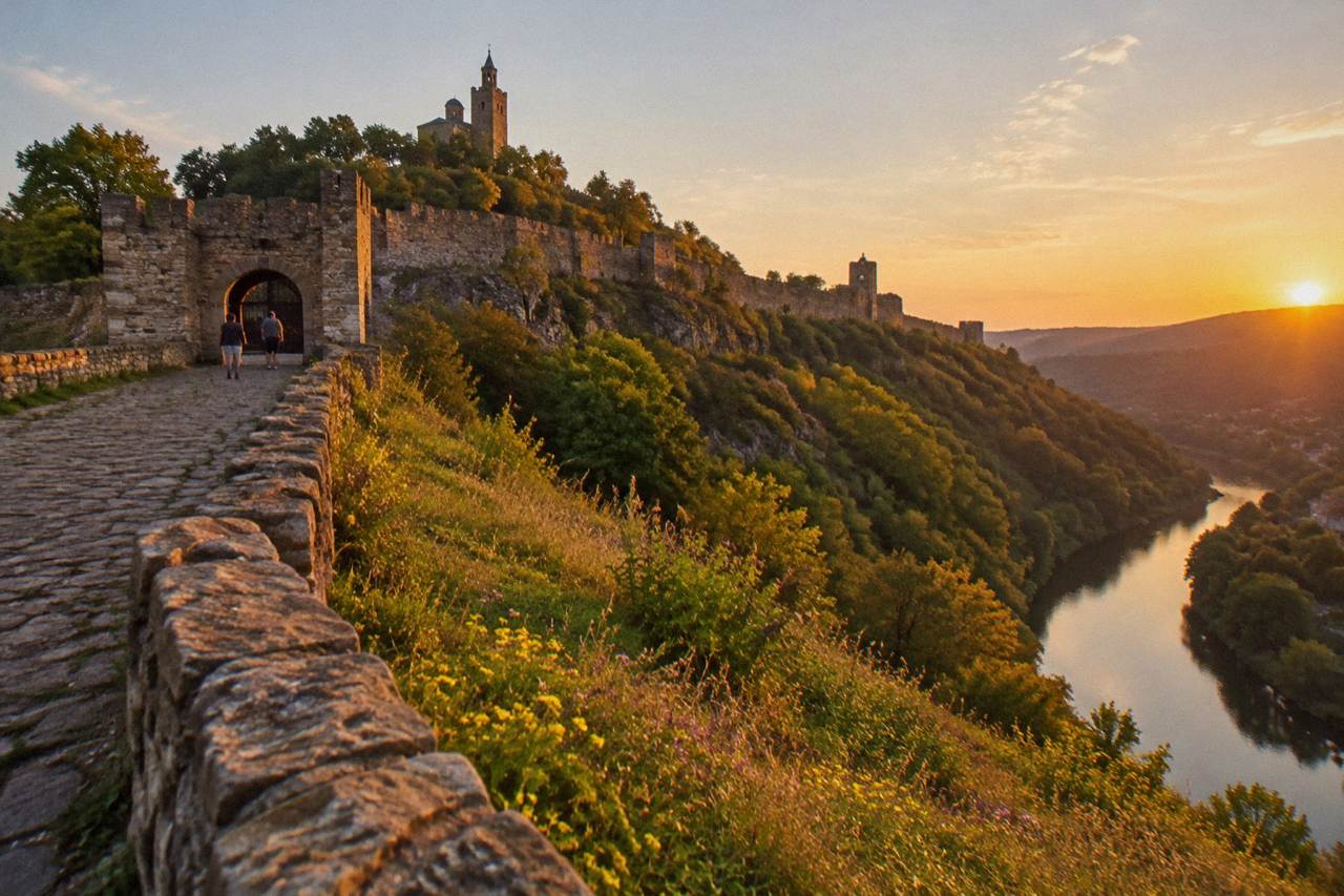 Tsarevets Fortress hill above the Yantra river in Veliko Tarnovo at dusk
