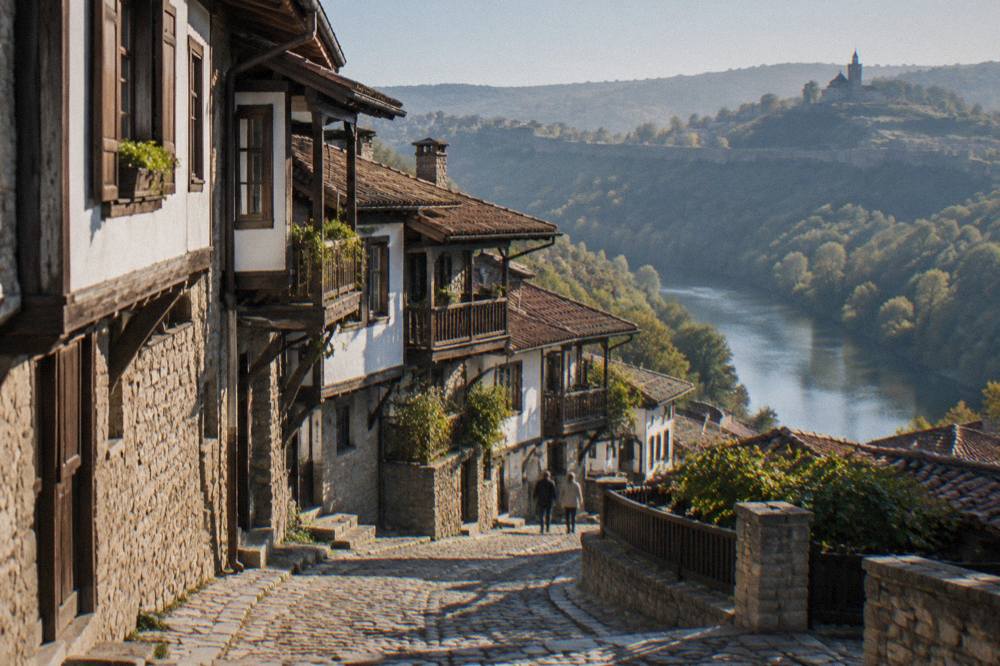 Cobbled street with old stone and timber houses in a Bulgarian old town