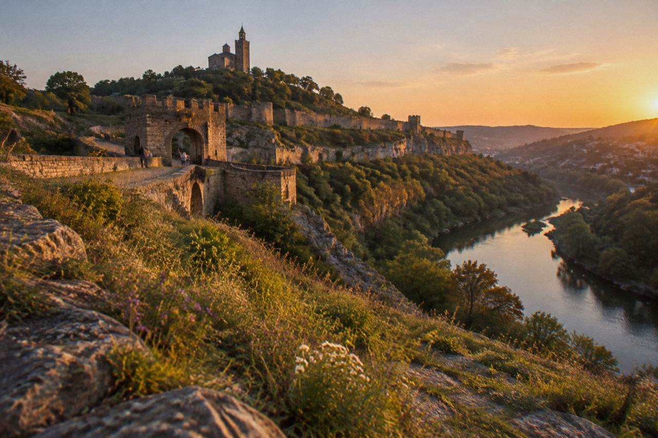 Hilltop fortress walls above a river bend in a Bulgarian city at dusk