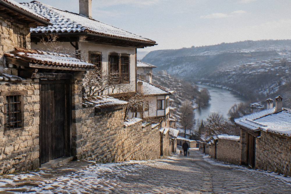 Cobblestone street with old houses on a slope above a river