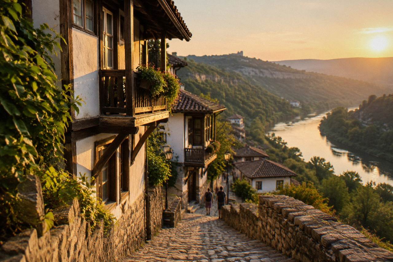 A rocky hillside path above a river valley near Veliko Tarnovo in soft evening light