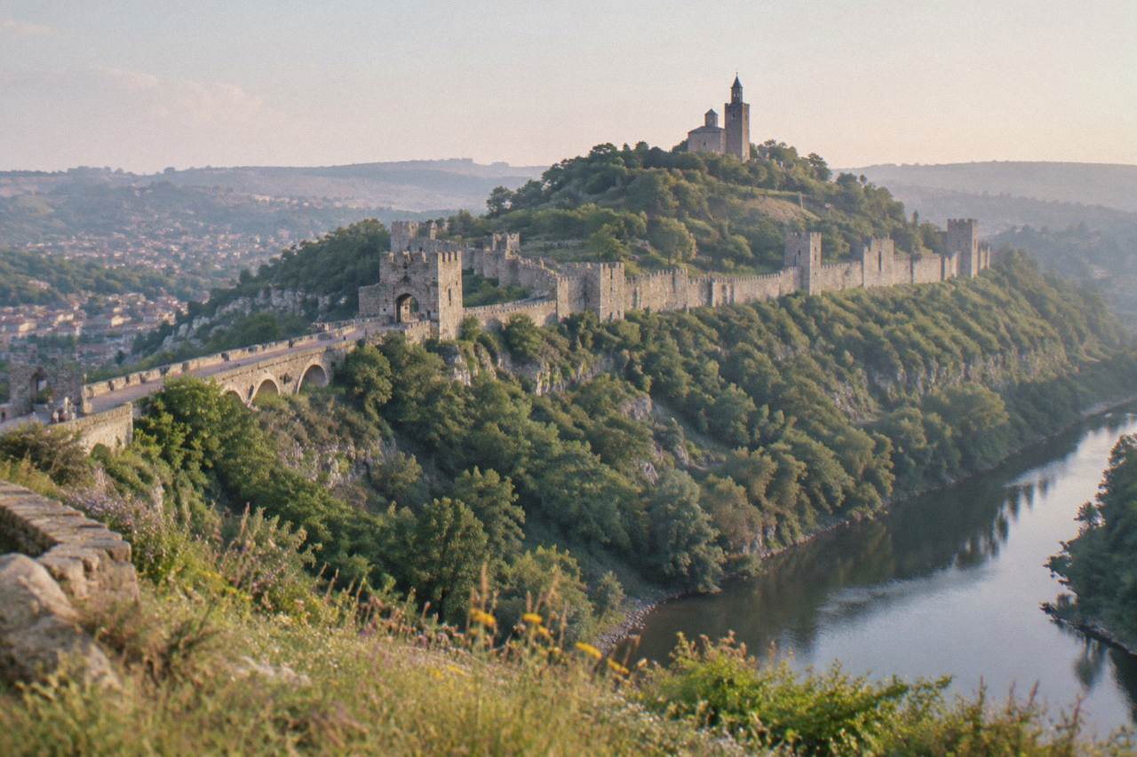 A hilltop fortress above a river bend in a Bulgarian city at dusk