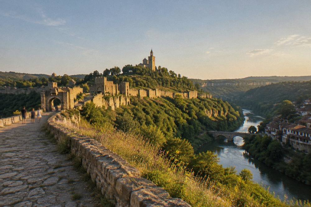 A cobbled old-town street with traditional houses above a river gorge