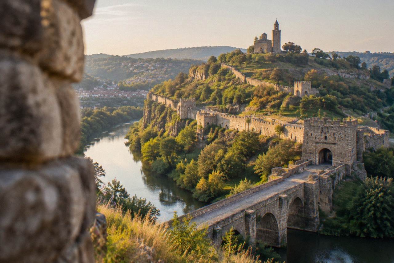 The walled hill of Tsarevets Fortress above the Yantra river in warm evening light