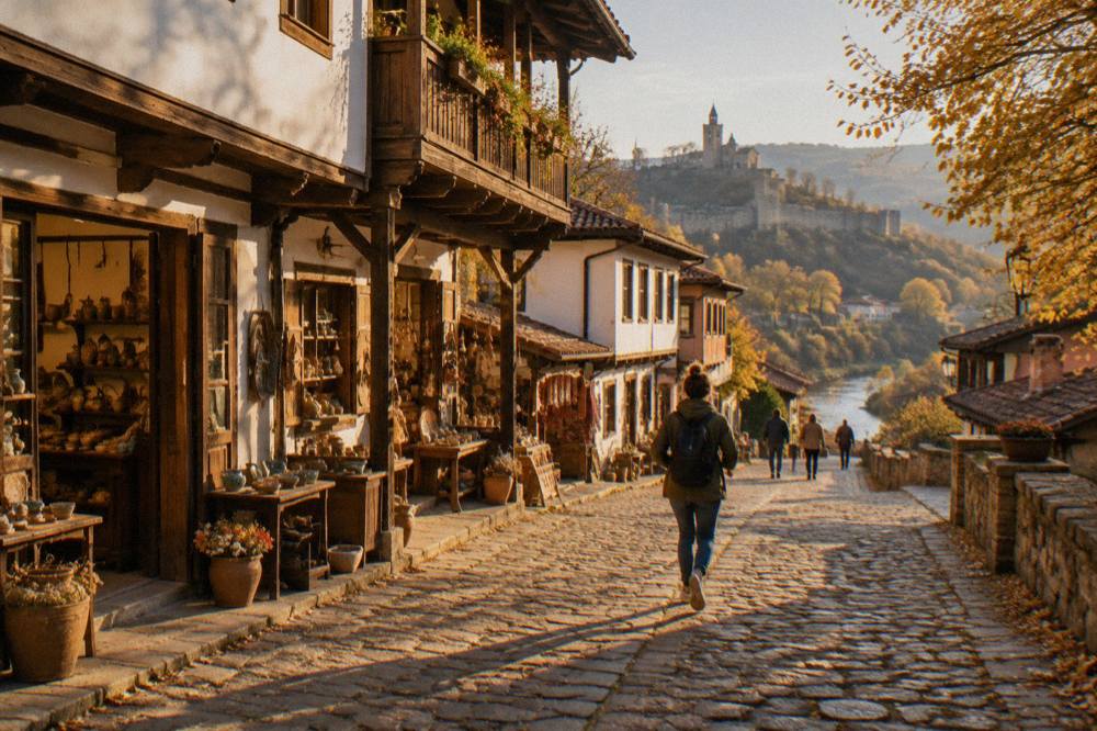 Cobbled Samovodska Charshiya street with small craft workshops in autumn light