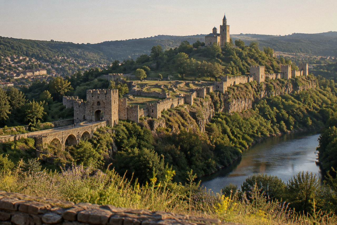 Medieval stone fortress walls rising above a river bend in a Bulgarian hill town at dusk