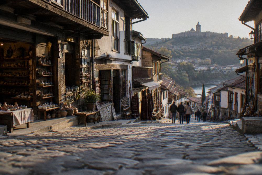 Cobbled Samovodska Charshiya street with small craft workshops in Veliko Tarnovo