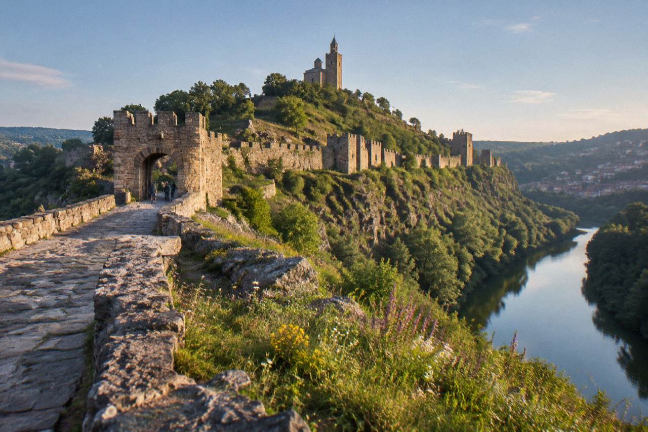 Hilltop fortress walls above a river bend in a Bulgarian town at dusk