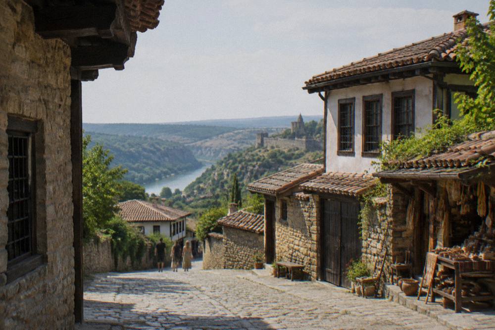 A cobbled museum street lined with workshops and traditional houses