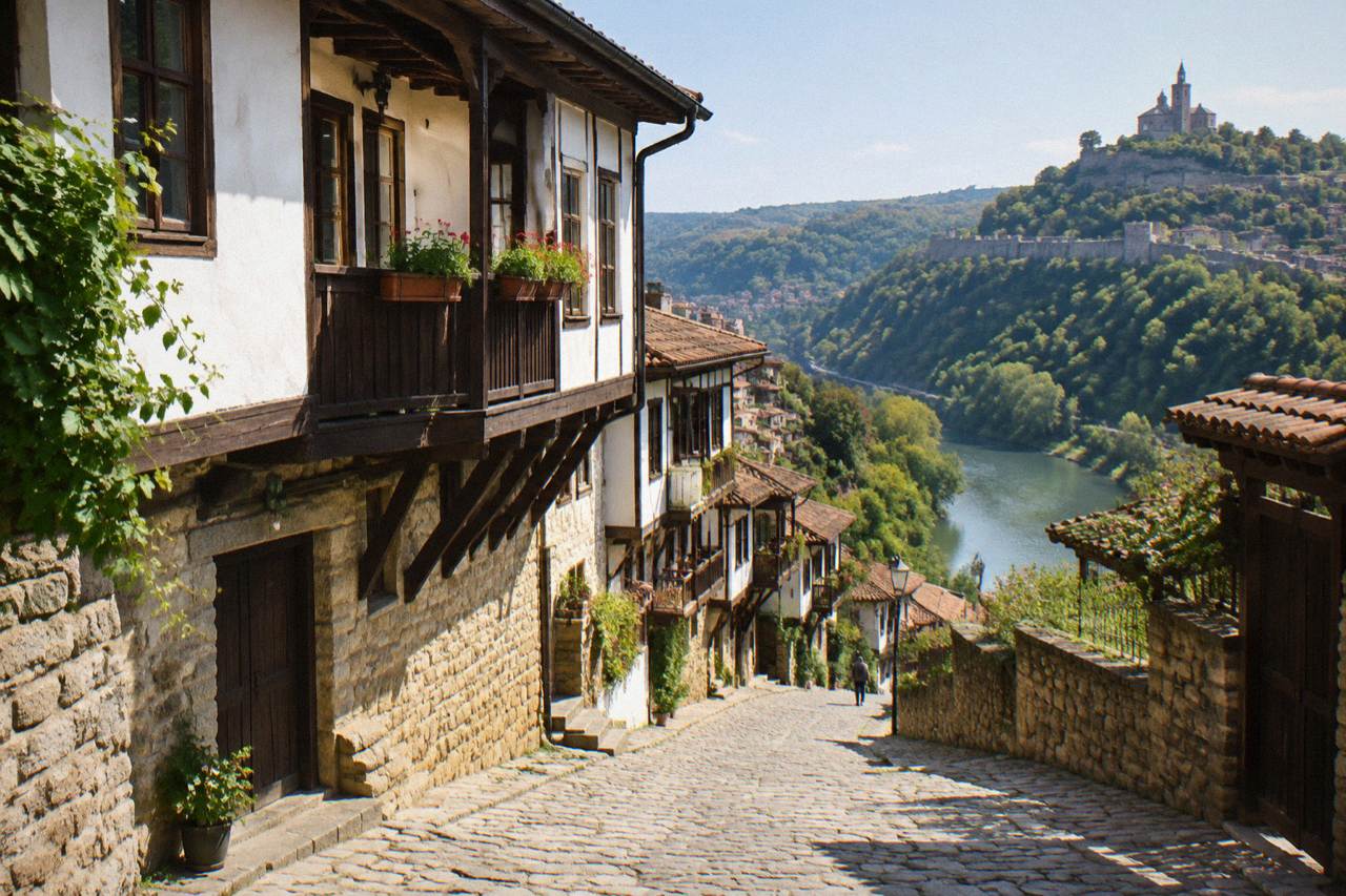 Steep cobbled street of old house fronts above a river gorge