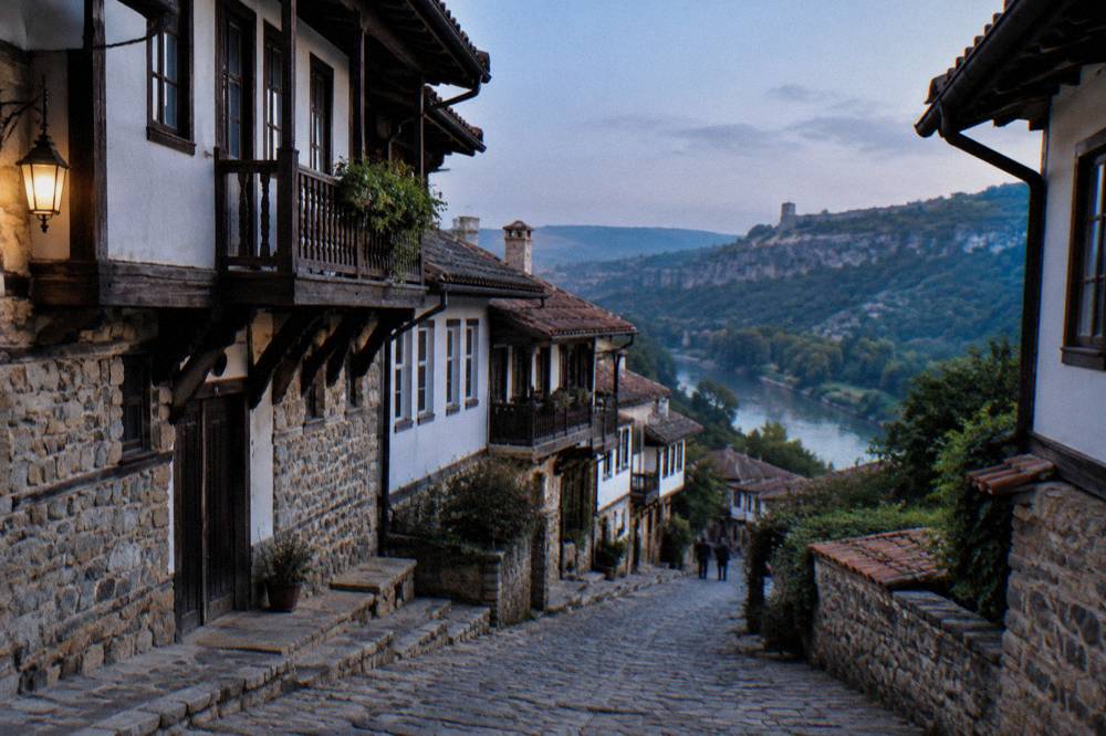 A stone lane curving downhill between traditional houses toward a river valley