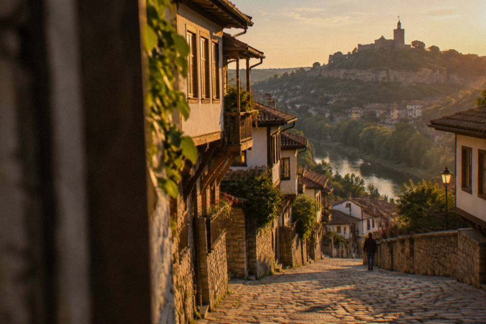 Evening light on a hillside street with lit windows and a fortress silhouette beyond