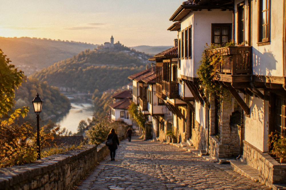 A hilltop village of stone houses above a river valley in evening light