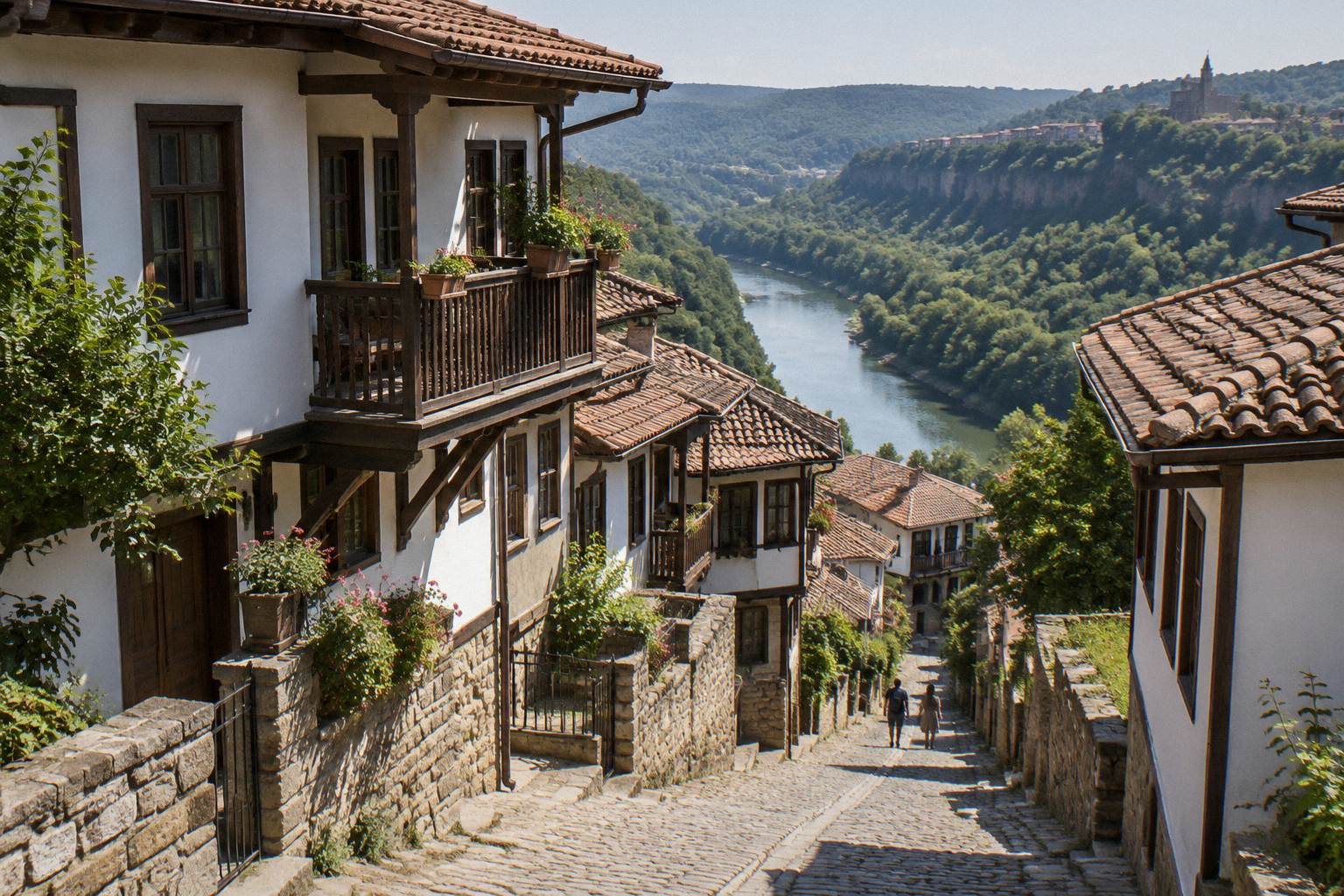 Steep street of Revival houses stepping down toward the Yantra gorge