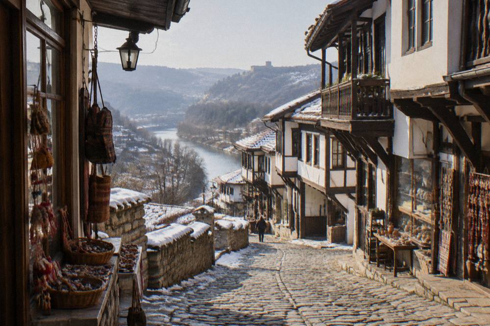 Shop windows and hanging crafts along a historic market street in Veliko Tarnovo
