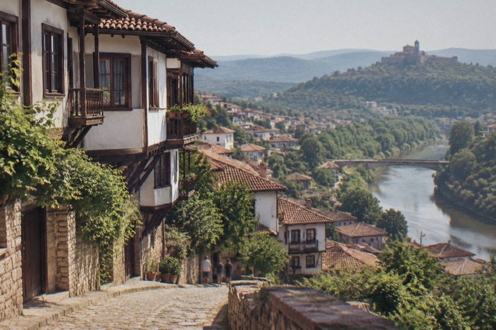 The old quarter of Veliko Tarnovo with rooftops descending toward a river gorge