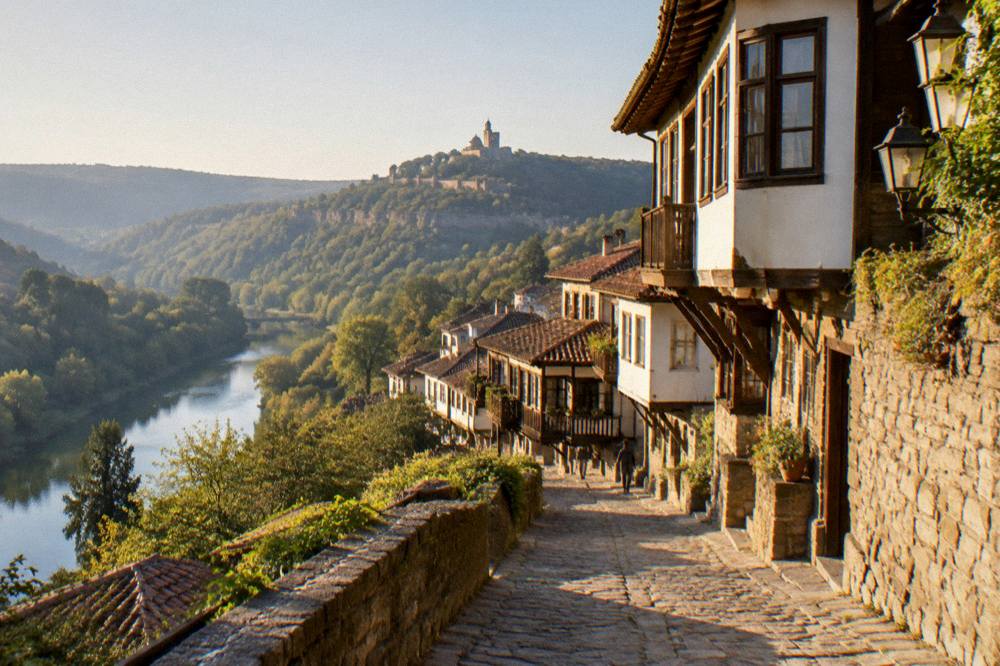 A quiet historic street in the old town of Veliko Tarnovo in warm evening light